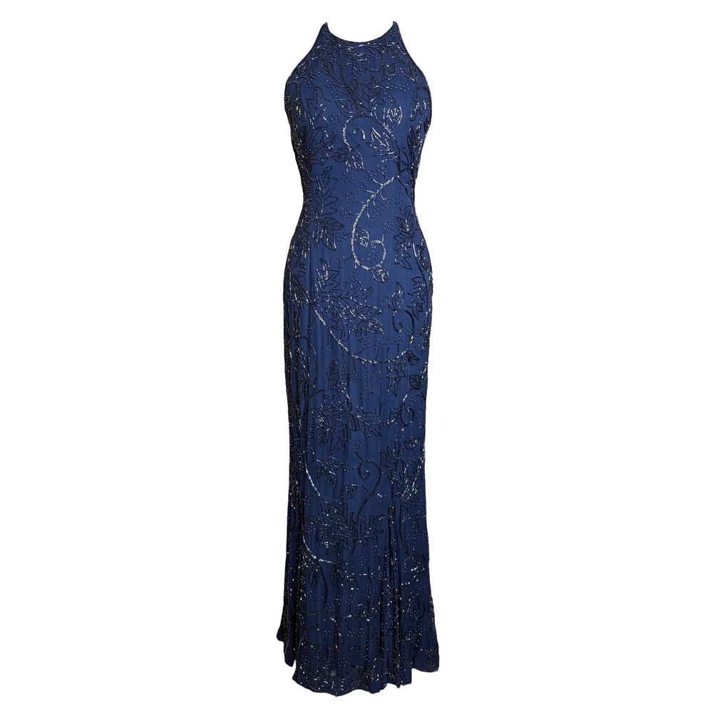 Vintage 90s Y2K Beaded Silk Evening Gown S/M Navy Formal Whimsigoth Dress - Picture 2 of 8